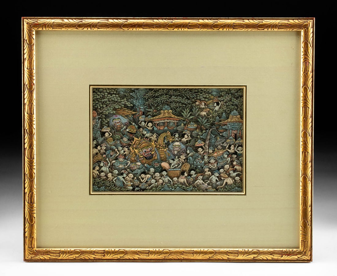 Balinese Painting of Indonesian Festival, Batuan Style: **Originally Listed At $300** Indonesia, Bali, 20th century. A finely painted Balinese scene depicting a traditional Indonesian village festival. The composition features a crowded ensemble of figures