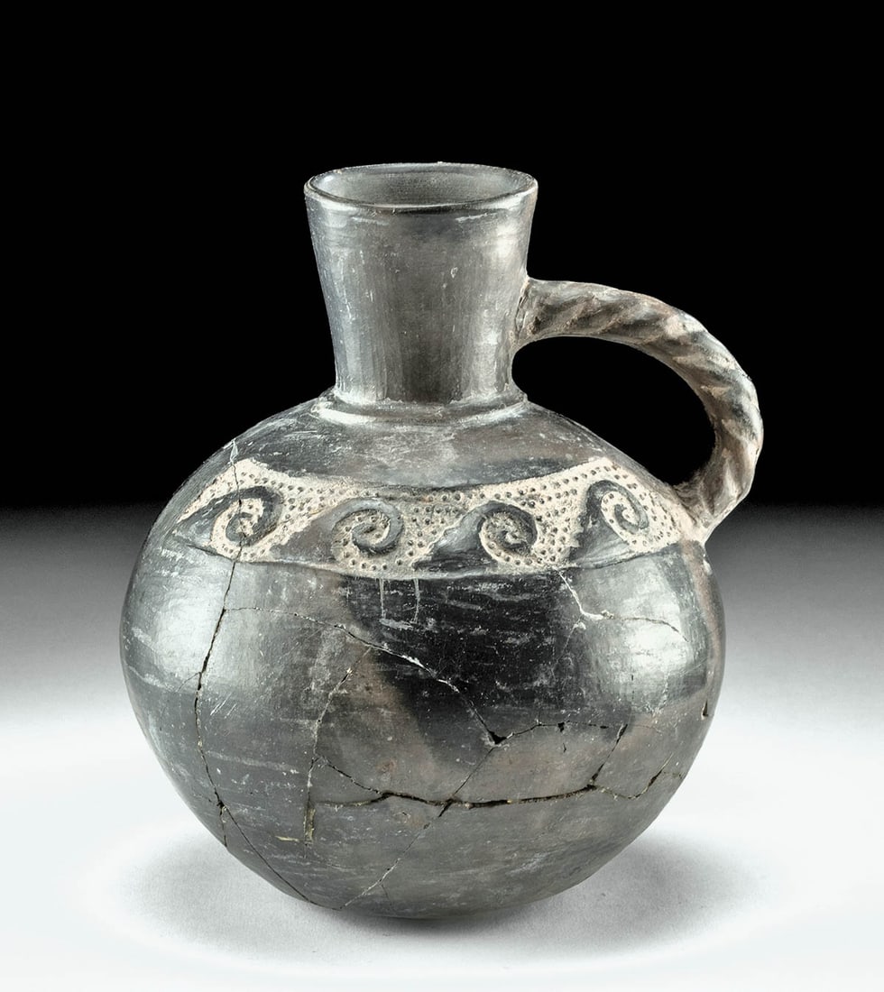 Chimu Blackware Vessel w/ Step Fret Waves & Rope Handle (1 of 4)