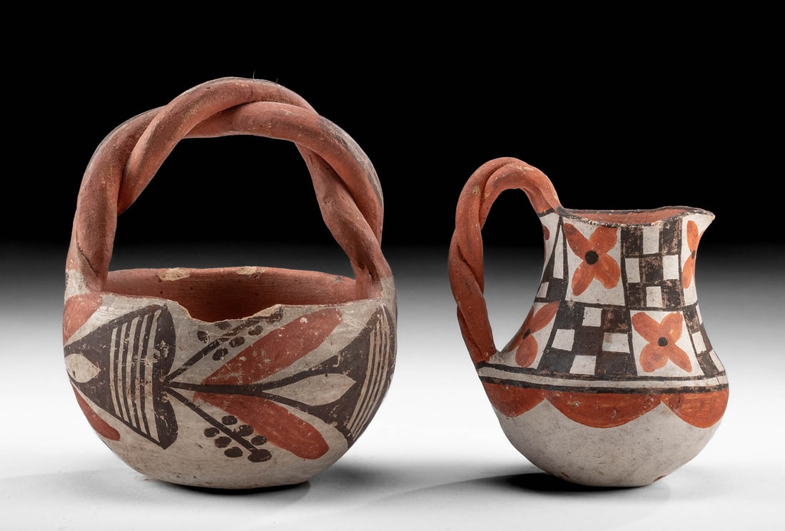 Pair of Acoma Polychrome Vessels - Bowl & Pitcher: **Originally Listed At $200** Native American, New Mexico, Acoma, ca. mid-20th century CE. A lovely pair of pottery vessels, a basket-shaped bowl and a miniature pitcher, both featuring hand-painted f