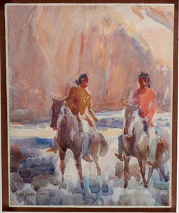 Exhibited Carl Borg Watercolor "Indians on Horseback": Carl Oscar Borg (Swedish born American, 1879-1947). "Indians on Horseback" watercolor, ca. 1925. Signed lower left. A wonderful watercolor painting by Carl Oscar Borg, a Swedish-born artist best known