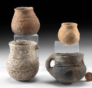 4 Miniature Mogollon / Mimbres Pottery Vessels: Native American, North America, Southwestern New Mexico, Southeast Arizona, and Northern Chihuahua region of Mexico, Ancestral Puebloan (Anasazi), Mogollon-Mimbres tradition, ca. 1000 to 1300 CE. A