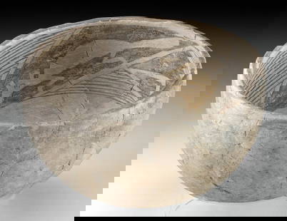 Prehistoric Mimbres Bowl - Rodents / Foxes?: Native American, Southwest, New Mexico, Mimbres Valley, ca. 950 to 1300 CE. A rare white-ground pottery bowl of hemispherical form that was created via the meticulous Puebloan coil-and-scrape