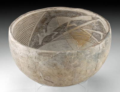 Prehistoric Mimbres Bowl - Rodents / Foxes?: Native American, Southwest, New Mexico, Mimbres Valley, ca. 950 to 1300 CE. A rare white-ground pottery bowl of hemispherical form that was created via the meticulous Puebloan coil-and-scrape techniqu