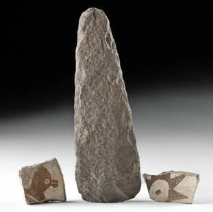 Mimbres Stone Celt + Two Pottery Sherds: Native American, Southwestern United States, New Mexico, Mimbres Valley, Anasazi or Mimbres, ca. 950 to 1150 CE. A set of 3 ancient artifacts including a stone celt and 2 fragmentary potsherds. The tr