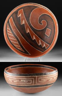 Prehistoric Anasazi Mogollon Polychrome Bowl: Native American, Southwestern United States, Arizona, Ancestral Puebloan (Anasazi), Mogollon, Four-Mile type, ca. 1325 to 1400 CE. A gorgeous pottery bowl of hemispherical form adorned with