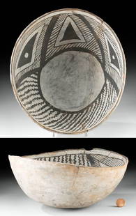 Prehistoric Anasazi Tusayan Black-on-White Bowl: Native American, Western Anasazi, Tusayan (Kayenta), Tusayan White Ware, possibly Flagstaff Black-on-White, ca. 1150 to 1220 CE. An attractive pottery bowl featuring a hemispherical body and an ovoid