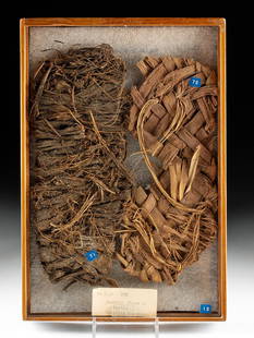 Fine Pair Prehistoric Anasazi Fiber Sandals: Native American, Southwestern United States, Anasazi (Ancestral Puebloan), ca. 1200 to 1350 CE. A set of 2 hand-built sandals, 1 woven from thick yucca plant fronds and the other woven from strips of