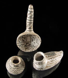 Three Rare Miniature Anasazi Pottery Artifacts: Native American, Southwestern United States, Anasazi (Ancestral Puebloan), Tularosa, ca. 900 to 1450 CE; Reserve type, ca. 950 to 1200; New Mexico, Roosevelt County, Roosevelt type, ca. 1100 to 1300