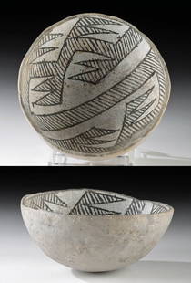 Prehistoric Anasazi Chaco Gallup Black-on-White Bowl: Native American, Southwestern United States, Eastern Arizona, Anasazi (Ancestral Puebloan), Chaco tradition, ca. 900 to 1150 CE. An attractive pottery bowl displaying a hemispherical body with