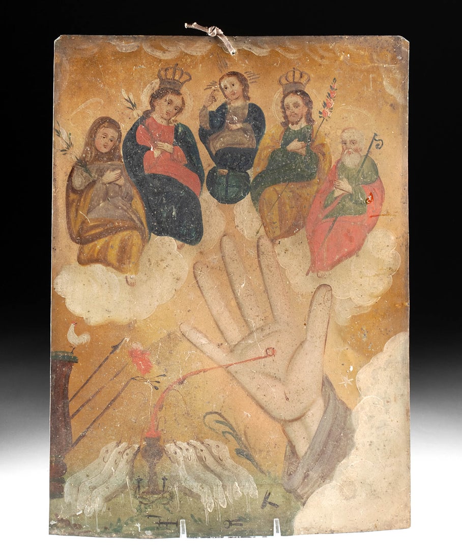 19th C. Mexican Tin Retablo of La Mano Poderosa de Dios (1 of 4)