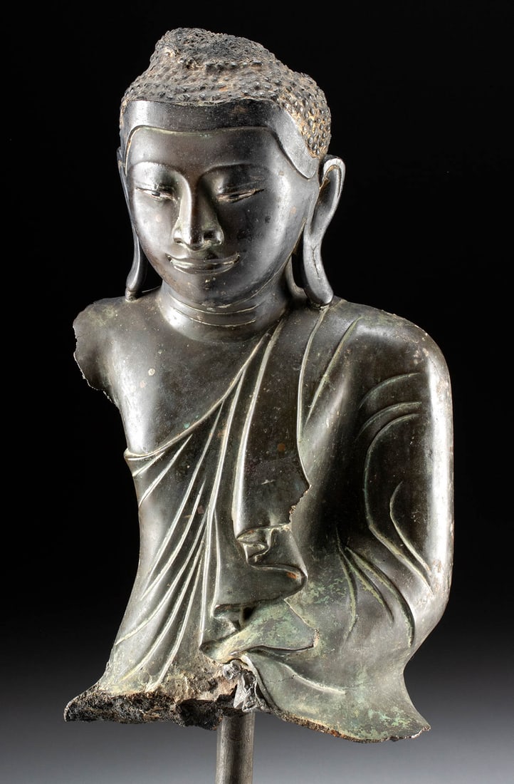 19th C. Burmese Bronze Buddha w/ Inlaid Enamel Eyes (1 of 3)