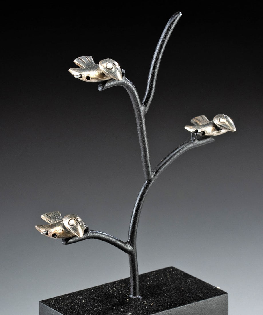 3 Moche Silver Bird Beads Mounted on Tree Stand (1 of 2)