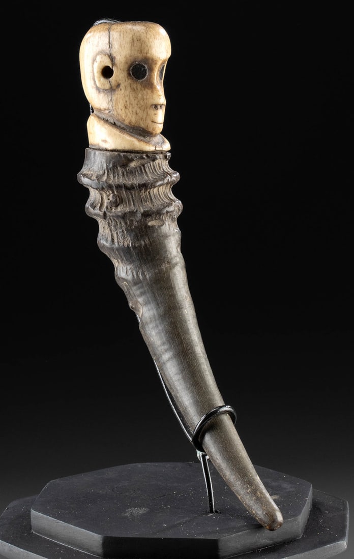 19th C. Indonesian Horn & Bone Fisherman's Charm: Oceania, Indonesia, North Sumatra, Toba Batak people, ca. 19th century CE. A minimalist fisherman's charm constructed from juvenile stag antler and a carved mammalian bone, perhaps quadruped and not h