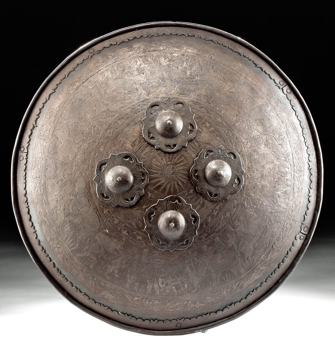 19th C. Indo-Persian Etched Steel Shield - Dhal (1 of 4)