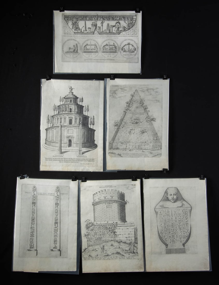 6 French / Italian Renaissance Engravings: Etienne DuPerac (French, 1525-1604). 5 engravings - 4 from "Speculum Romanae Magnificentiae" (The Mirror of Roman Magnificence) by Antonio Lafreri (Burgundian, 1512-1577). Published between 1545-1590.