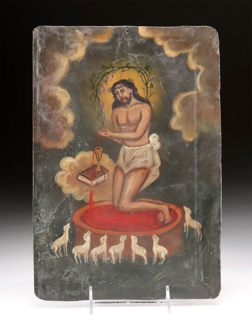 19th C. Mexican Tin Retablo, Christ as Man of Sorrows: Latin America, Spanish Colonial, Mexico, ca. late 19th to mid-20th century CE. A superb Mexican retablo depicting Christ as Man of Sorrows based upon the Post Crucifixion devotion that depicts a mysti