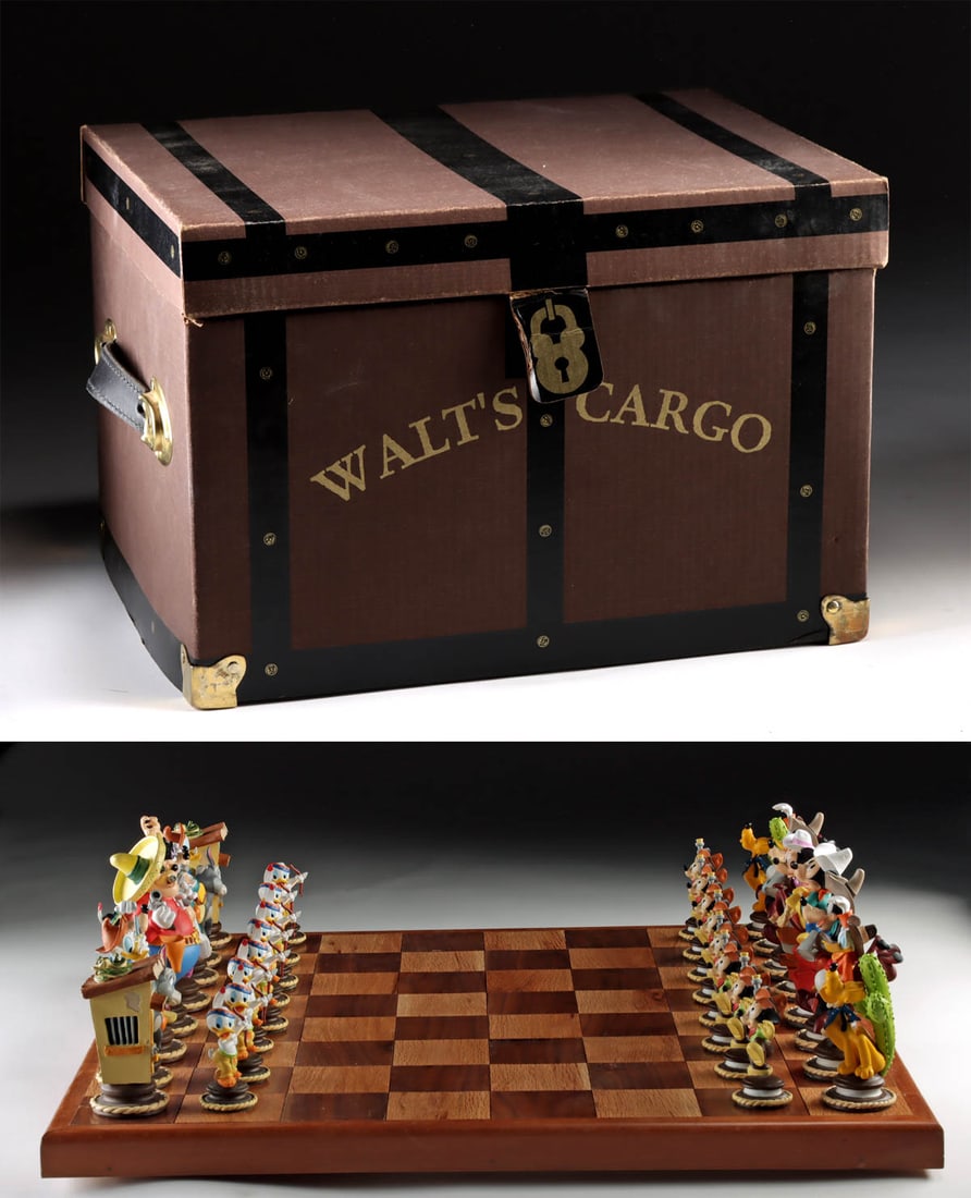 Disney Walt's Cargo Chess Set, Ralph Kent & Pete Emsile: Ralph Kent (American, 1939-2007) and Pete Emslie (American, 20th century). "Walt's Cargo Chess Set" resin with wooden chessboard, ca. 1990's. Disney stamp on base of each piece and set is accompanied 