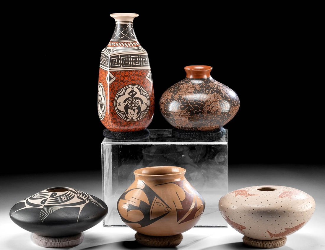 5 Mata Ortiz Pottery Vessels w/ Zoomorphic Motifs (1 of 9)