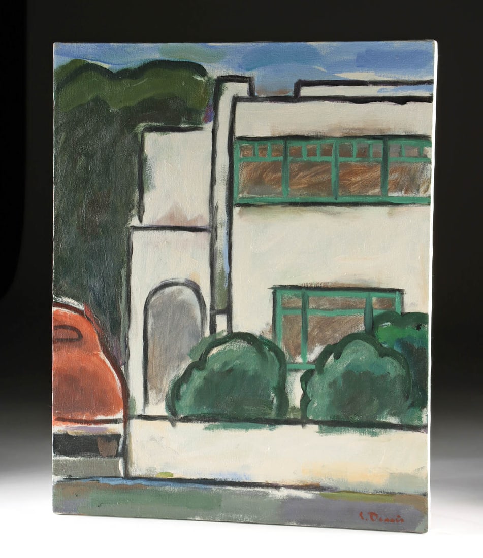 Lockwood Dennis "Santa Monica Court (Gill)" (1994): Lockwood Dennis (American, 1937-2012). "Santa Monica Court (Gill)" oil on canvas, 1994. Signed on lower left. A beautiful Lockwood Dennis painting featuring a classic automobile beside the Horatio Wes