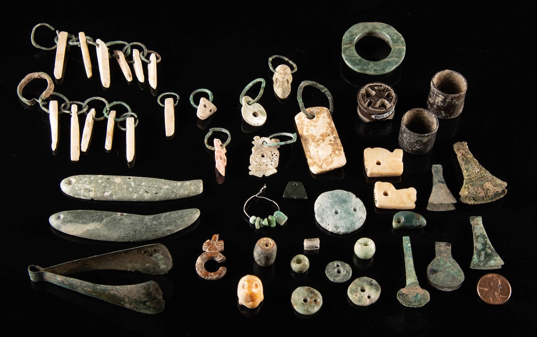 Mesoamerican Copper Tweezers, Jade Beads, & Earspools (1 of 1)