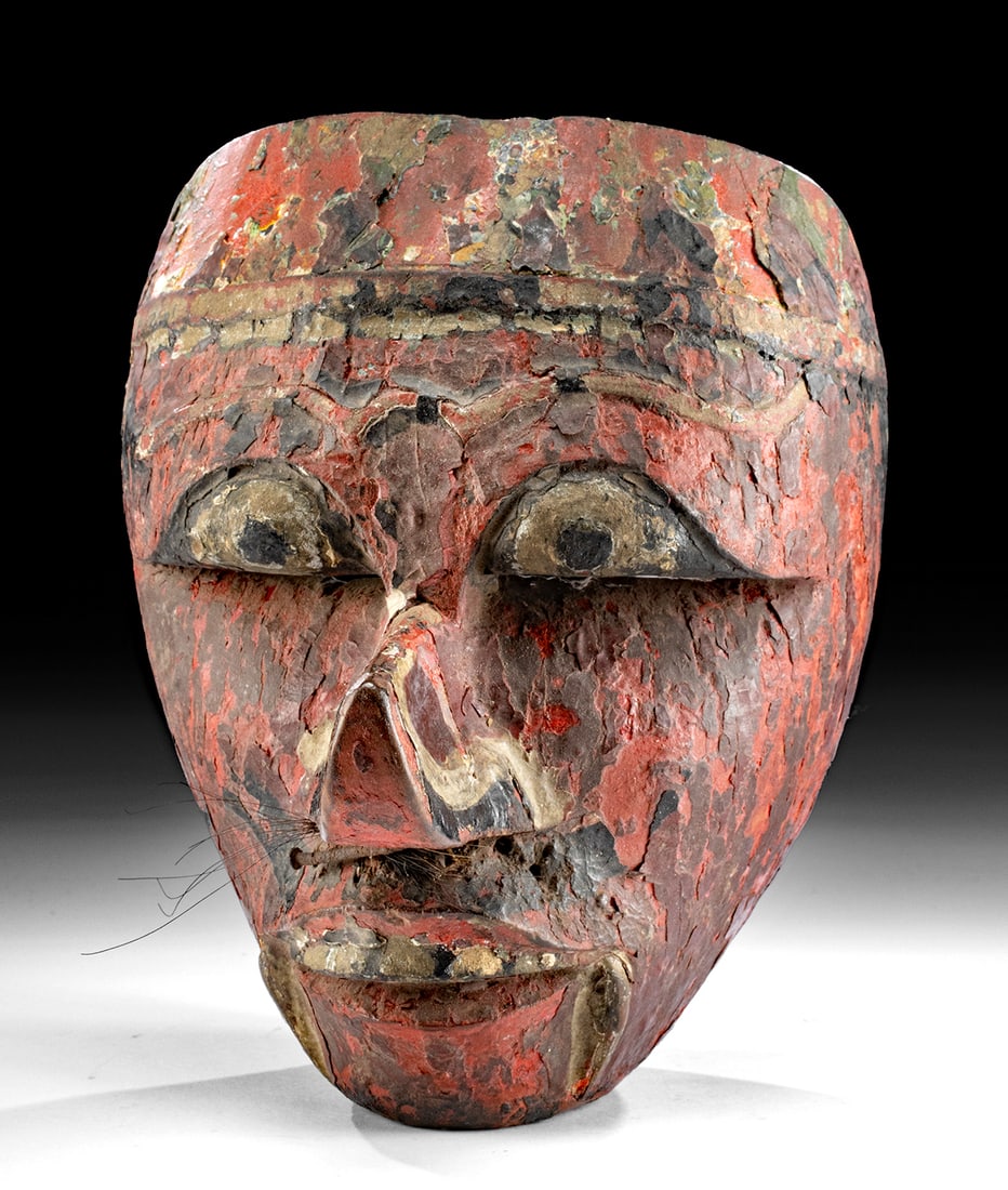 Early 20th C. Javanese Wood Dance Mask Depicting Klana: **Originally Listed At $250** Southeast Asia, Indonesia, East Java, ca. early to mid-20th century CE. A hand-carved and hand-painted dramatic wood mask, probably depicting Klana, a character of the Wa