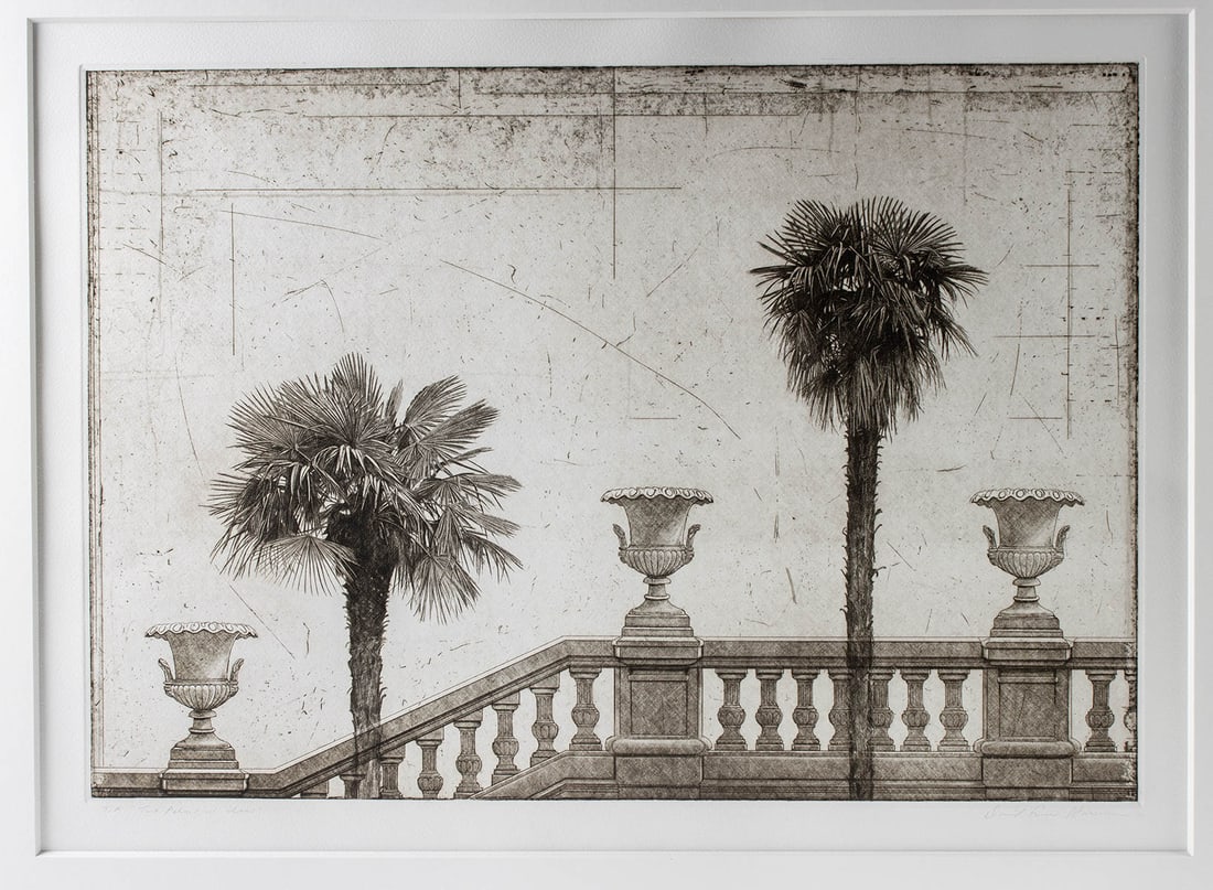Dave Smith-Harrison Etching "Two Palms w/ Urns" (2002): David Smith-Harrison (American, b. 1959). "Two Palms with Urns" etching, 2002. Trial proof. Hand-signed in graphite with "T.P." and title below etching. A beautiful trial proof etching by American art