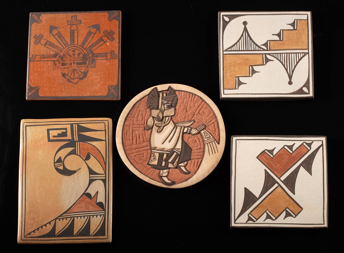 Five Hopi & Zia Pueblo Polychrome Pottery Tiles (1 of 2)