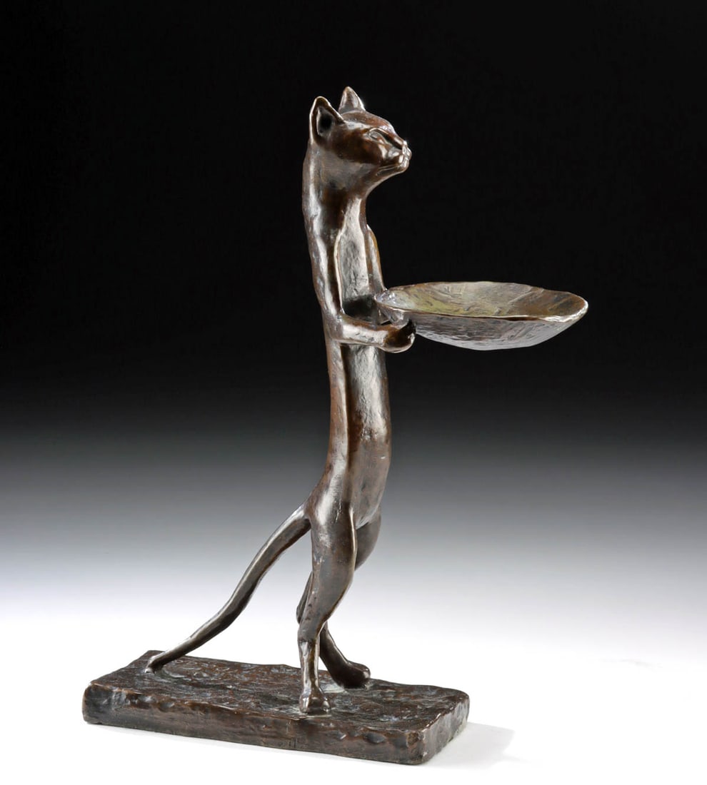 Bronze "Chat Maitre d'Hotel" after Diego Giacometti: After Diego Giacometti (Swiss, 1902-1985). "Le Chat Maitre-d'Hotel" cast patinated bronze, 1967-1981. Signed "Diego G" lower right on base. A wonderfully whimsical standing bronze cat holding a servin