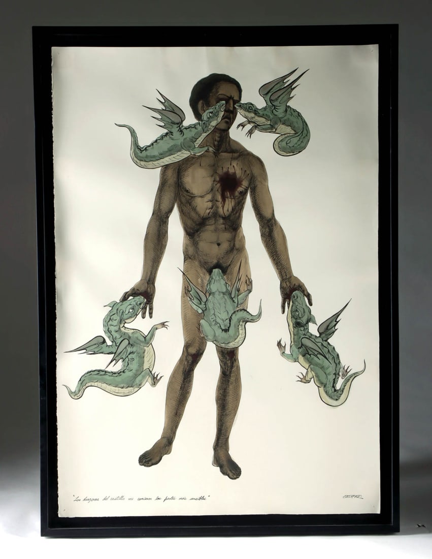Exhibited Esterio Segua Mixed Media "Los Dragones" 1996: Esterio Segura (Cuban, b. 1970). "Los Dragones del Castillo Me Comieron las Partes Mas Sensibles" mixed media: watercolor, India ink, and graphite on paper, 1996. Signature, date, and title handwritte