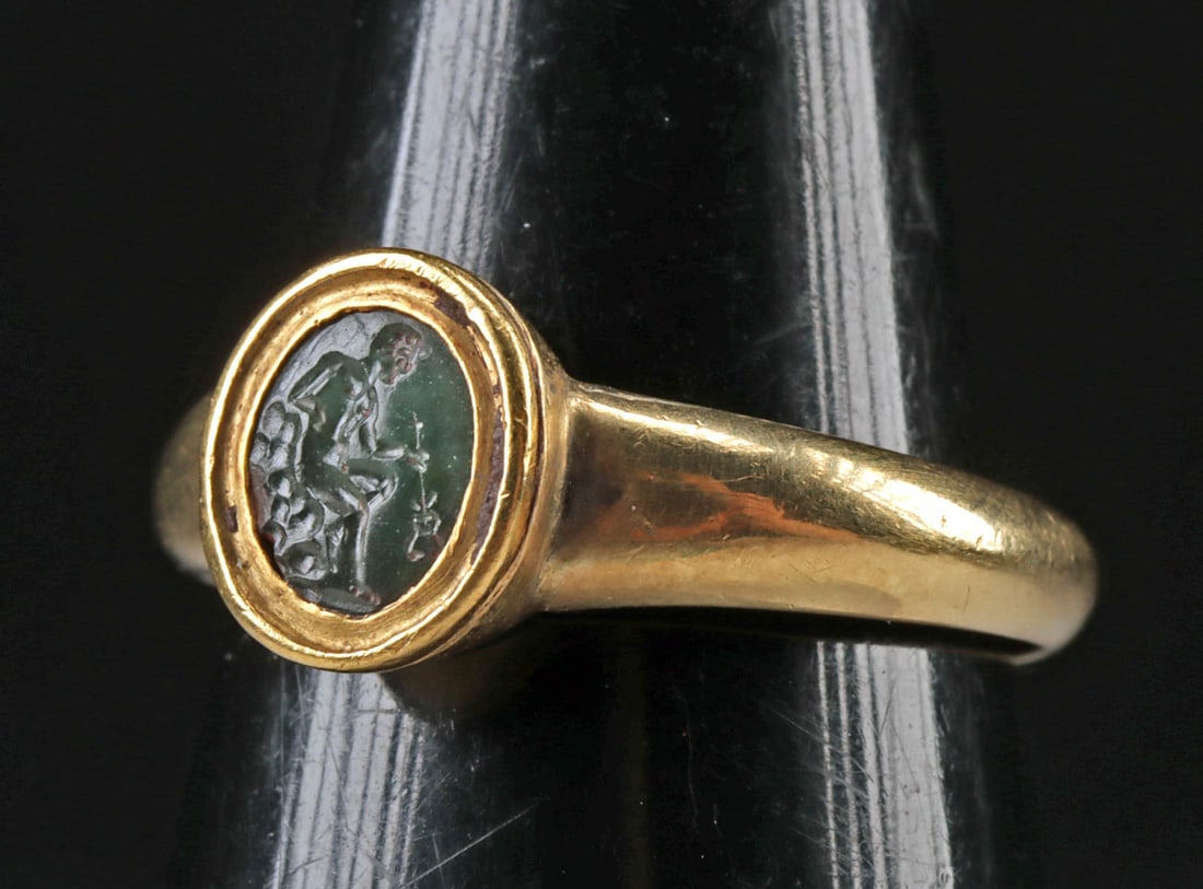 Roman Plasma Intaglio of Mercury (in Gold Ring): Roman, late Republic to Imperial period, ca. 1st century BCE to 1st century CE; Europe, ca. 19th to early 20th century CE. A delightful plasma intaglio of the Roman god Mercury (Greek Hermes) set in a