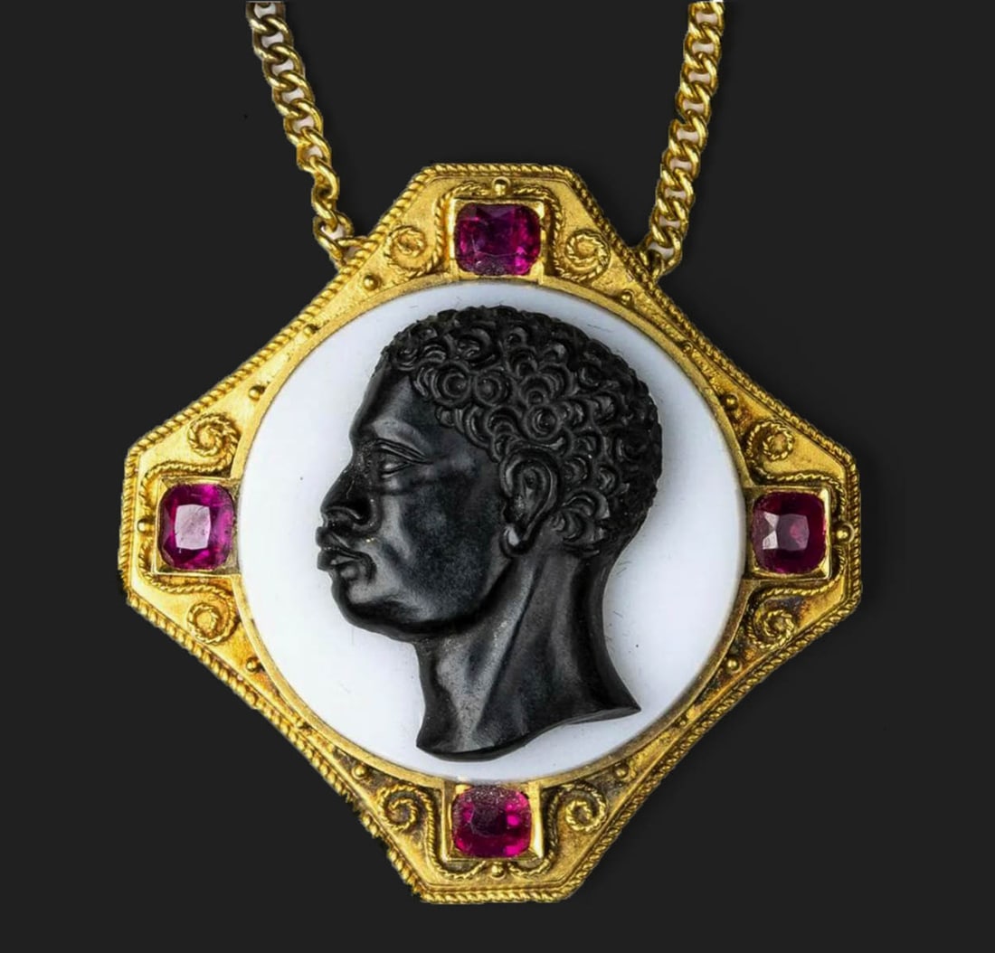 Gold Necklace w/ Agate Blackamoore Cameo, Rubies (1 of 1)