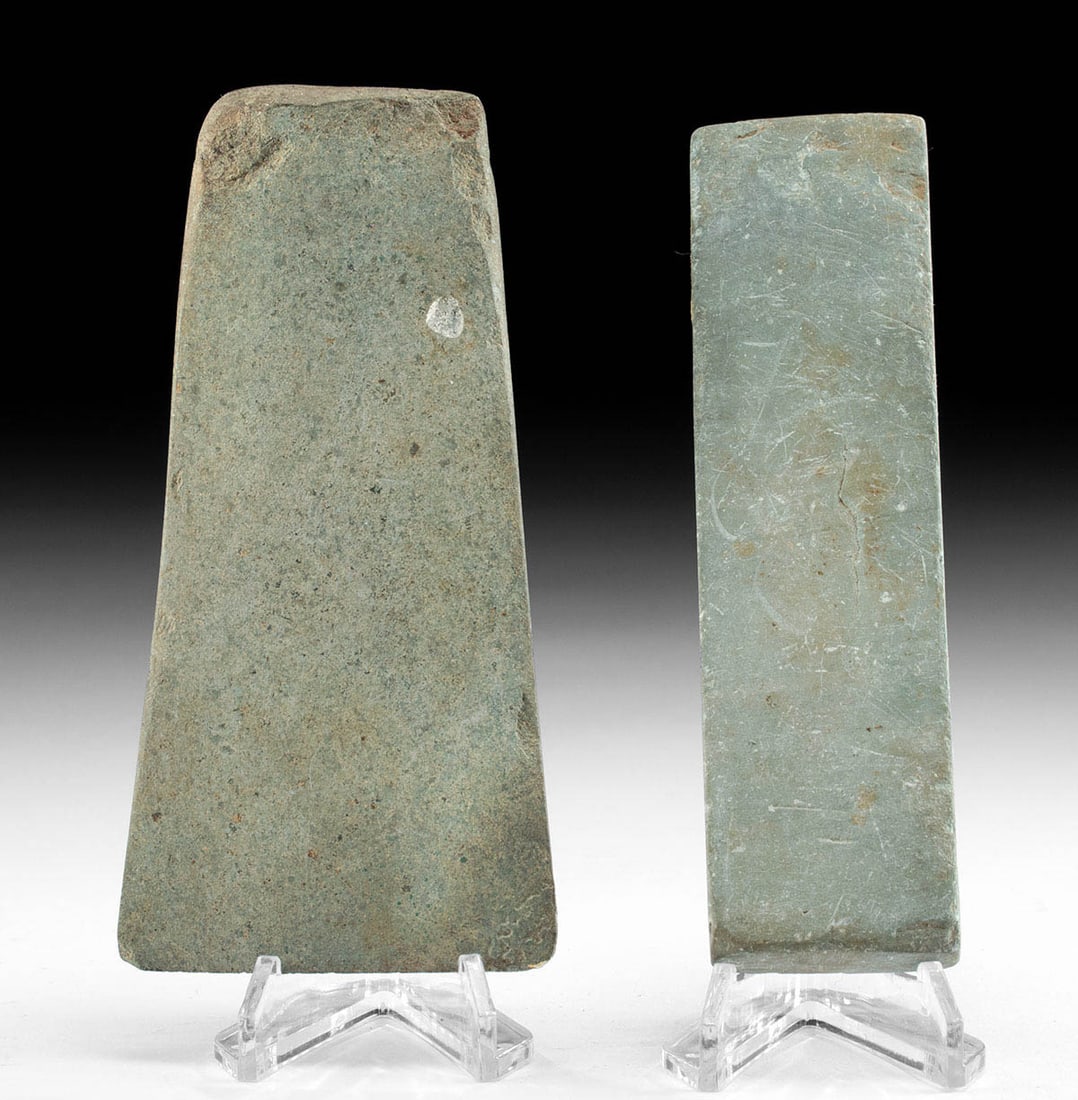 19th C. Burmese Stone Adze & Whetstone: **Originally Listed At $350** Southeast Asia, likely Burma (Myanmar), ca. 19th century CE or older. A pair of stone tools, a whetstone of a rectangular form, and an adze or axe head blade. The whetsto