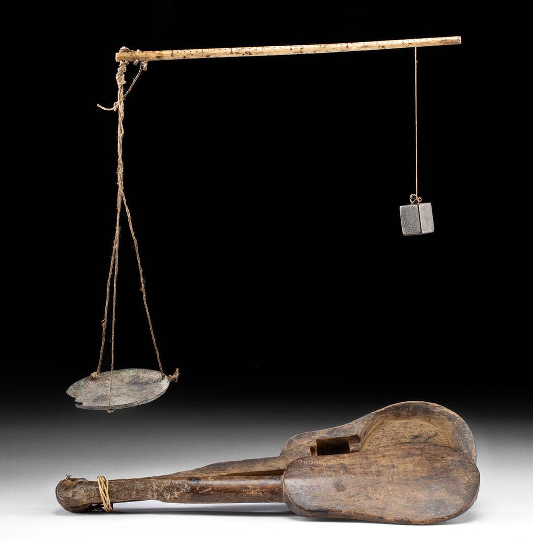 19th C. Chinese Qing Dynasty Balance Scale & Case: **Originally Listed At $350** East Asia, China, Qing Dynasty, ca. 19th century CE. An unequal arm balance scale with a brass pan scale attached by cotton cords to the bone beam, with a carved wood cas