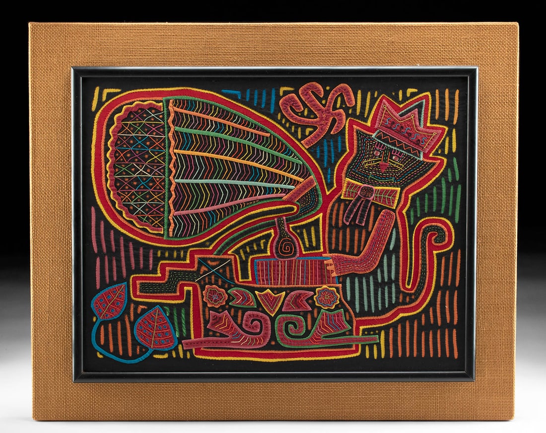 Panamanian Kuna Textile Mola w/ Cat Playing Gramophone (1 of 3)