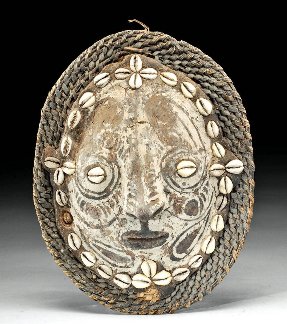 20th C. Png Sepik River Polychrome Shell Mask Auction