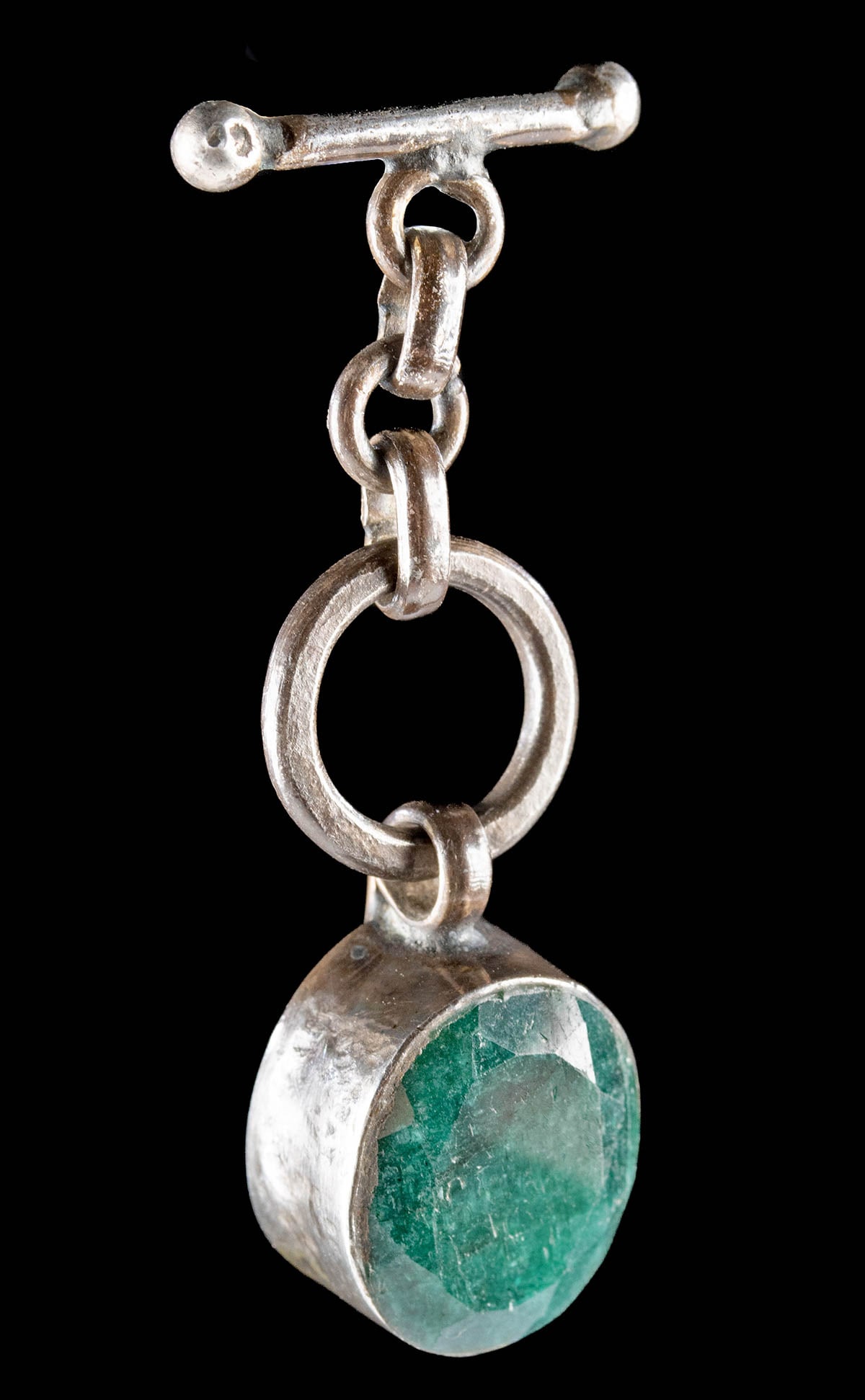 19th C. Victorian Silver Watch Fob w/ Faceted Emerald (1 of 2)