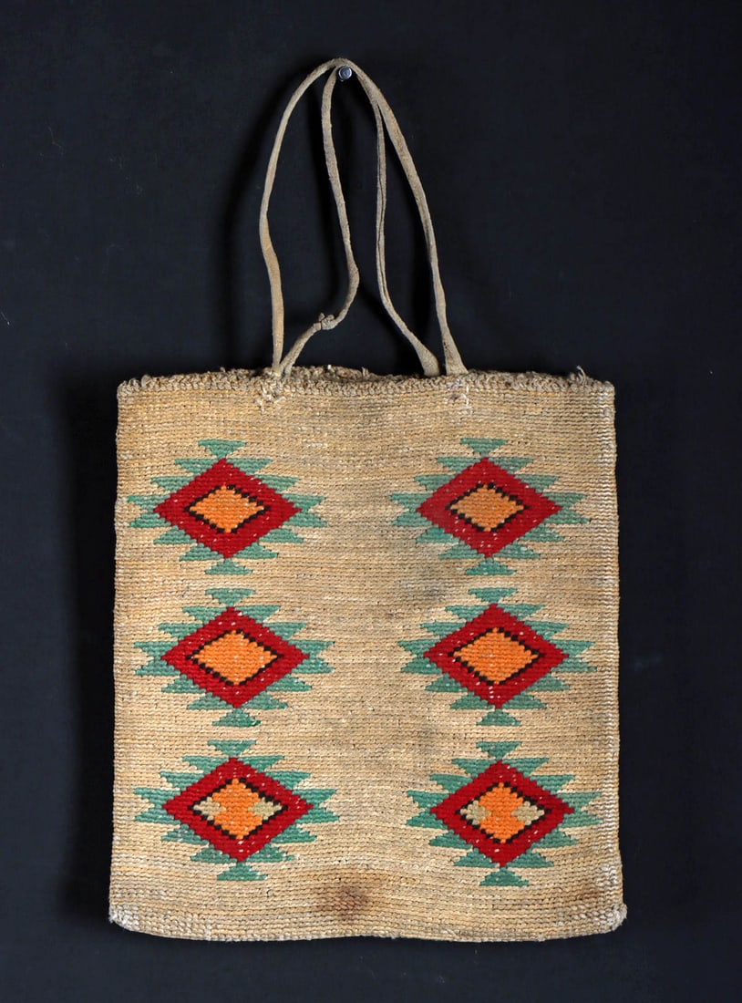 Late 19th C. Nez Perce Polychrome Corn Husk Bag (1 of 2)