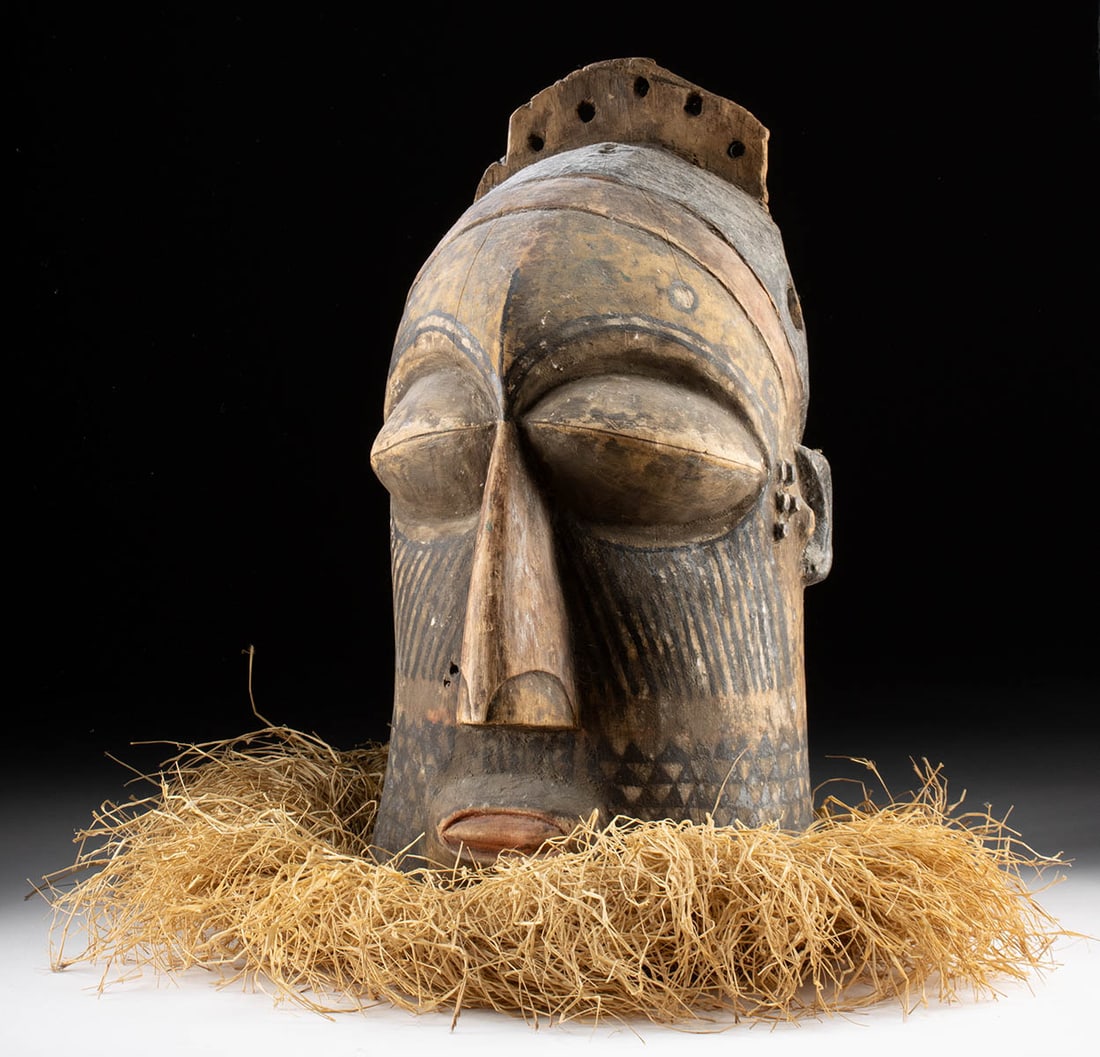 African Luba Polychrome Wood Mask w/ Raffia (1 of 3)