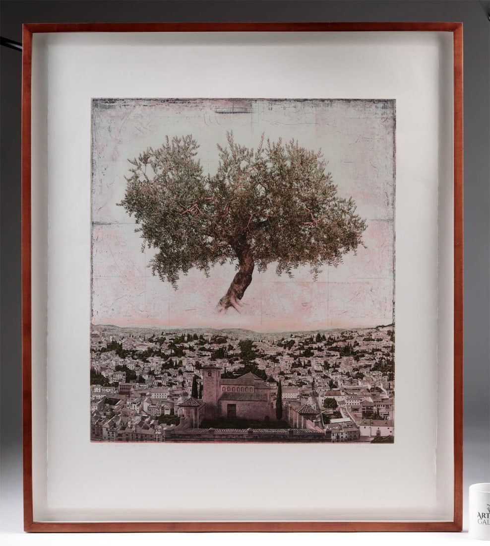 David Smith-Harrison Etching "El Olivo" (1995): David Smith-Harrison (American, b. 1959). "El Olivo" color etching, 1995. Edition 1 of 175. Hand-signed in graphite beneath image with title, number, and "To Darrel." A stunning color etching by David