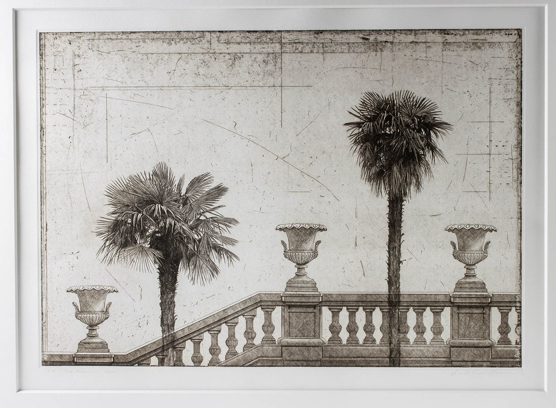 Dave Smith-Harrison Etching "Two Palms w/ Urns" (2002): David Smith-Harrison (American, b. 1959). "Two Palms with Urns" etching, 2002. Trial proof. Hand-signed in graphite with "T.P." and title below etching. A beautiful trial proof etching by American art
