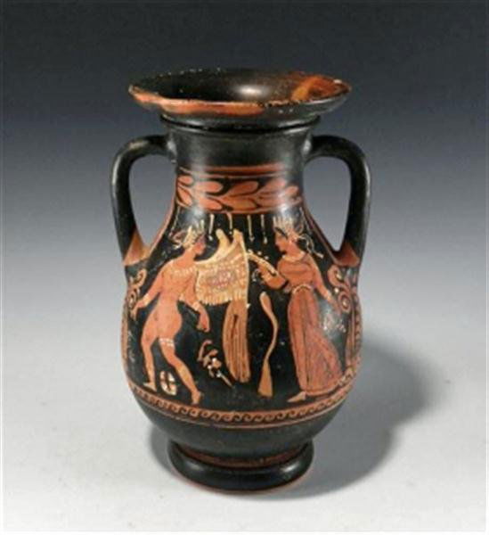 A Greek Apulian Red Figure Pelike Amphora: Greek, from southern Italy, Apulian region, ca. 330 BC. Black-glazed pottery vessel done in red figure technique, used for storing wine; with ring base, sagging belly, short neck, bilateral strap hand