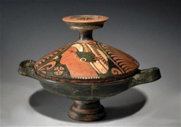 A Greek Apulian Lekanis w/ Lady of Fashion: From southern Italy and found on the island of Sicily in the 1960's. Lekanis - used in the bed and bath - decorated with twin Lady of fashion portraits separated by palmettes, knobbed lid decorated wi