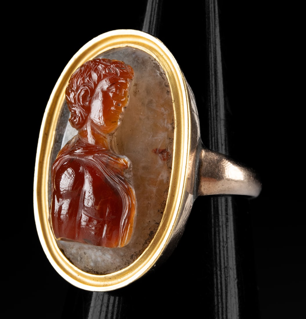 16th C. European Copper Ring w/ Sardonyx Cameo of Bust (1 of 4)