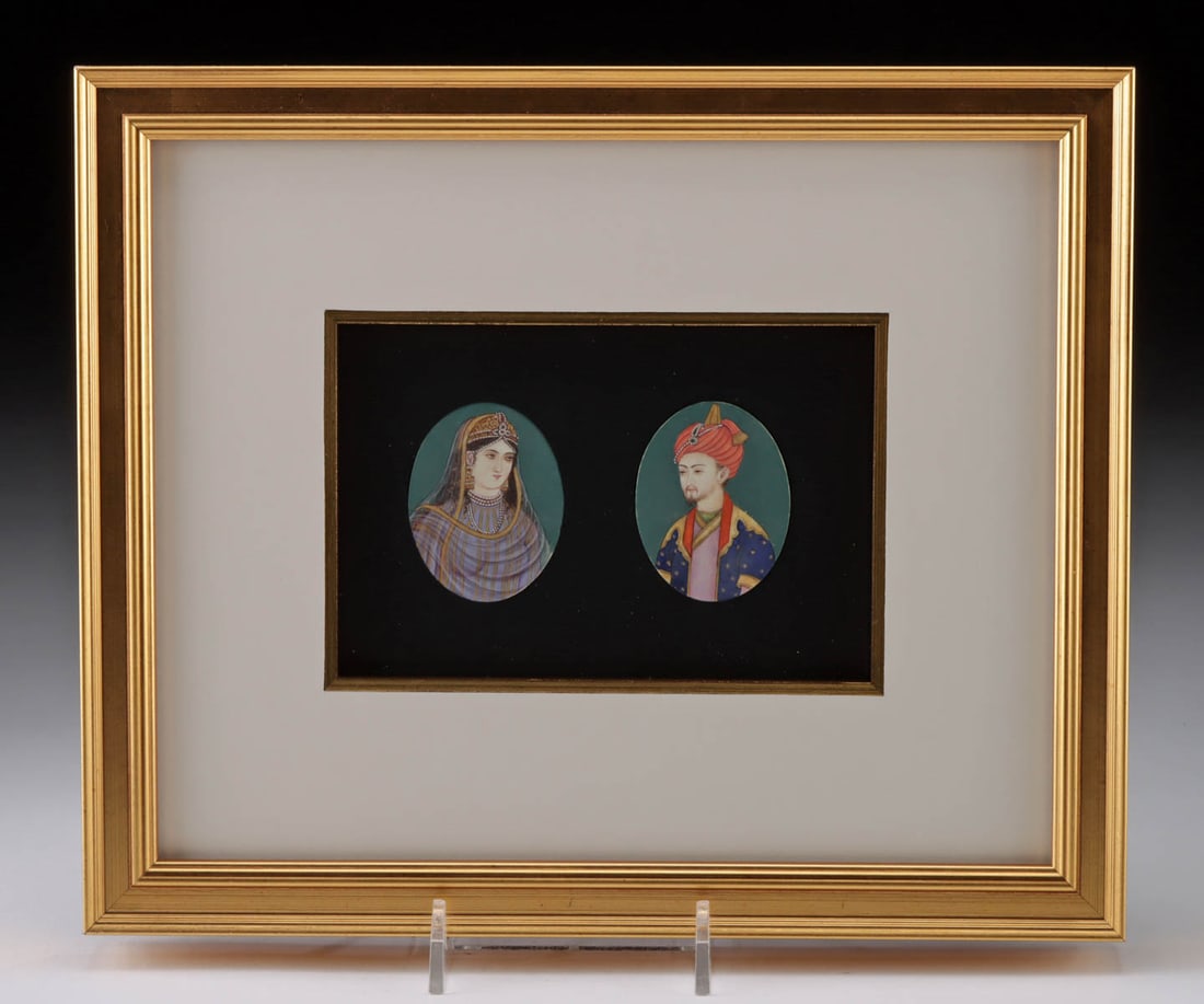 19th C. Mughal Painted Bone Portraits: Central Asia, Indo-Persia, Mughal Empire, ca. 19th century CE. A pretty pair of ovoid portraits painted in tempera on bone and set in a custom matte and frame for easy display. Elaborately dressed and