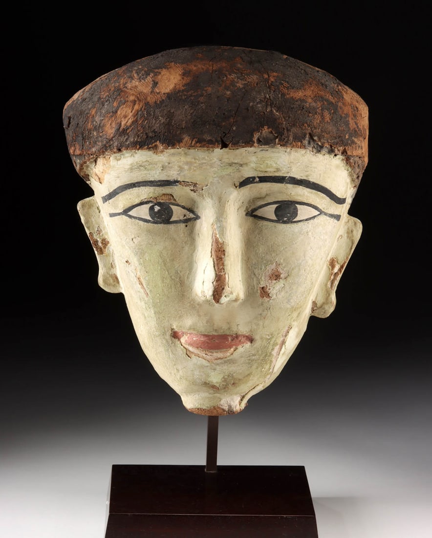 Egyptian Painted Wood Mummy Mask w/ Green Pigment (1 of 4)