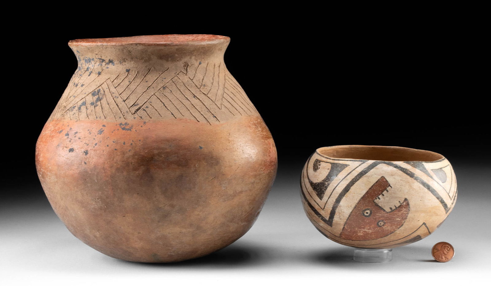 Casas Grandes Pottery Olla + Polychrome Bowl: Pre-Columbian, Mexico, Chihuahua region, Casas Grandes (Paquime) culture, ca. 1200 to 1450 CE. A fabulous pair of Casas Grandes pottery vessels: a redware olla with an incised shoulder and a hemispher