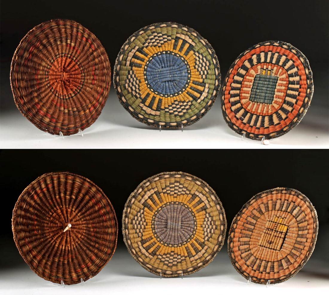 Three Native American Hopi Wicker Basketry Plaques: Native American, Southwestern United States, New Mexico, Hopi Pueblo, ca. early to mid-20th century CE. A collection of 3 hand woven wicker plaques, made from rabbitbrush, sumac, willow, or yucca that