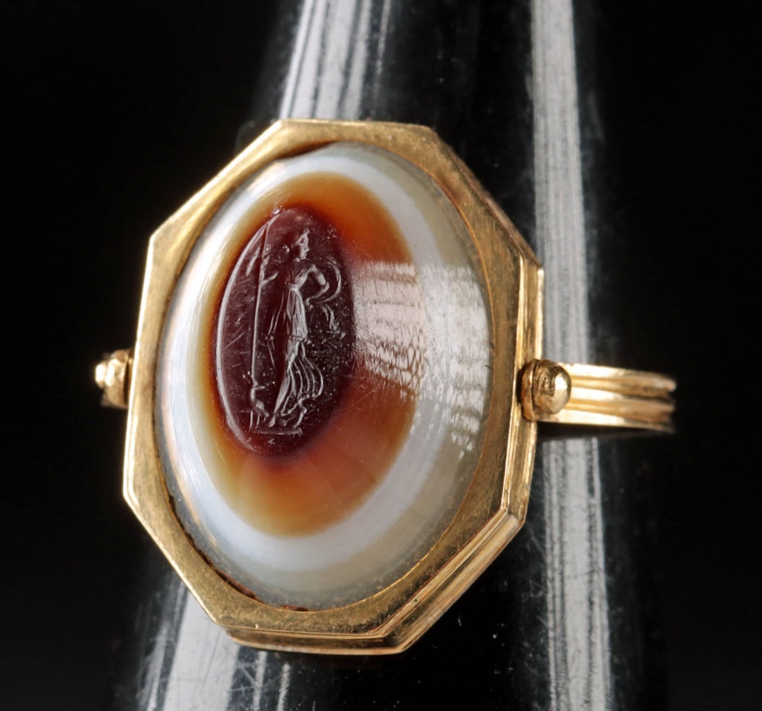 Gold Swivel Ring w/ Roman Agate Intaglio of Diana (1 of 3)