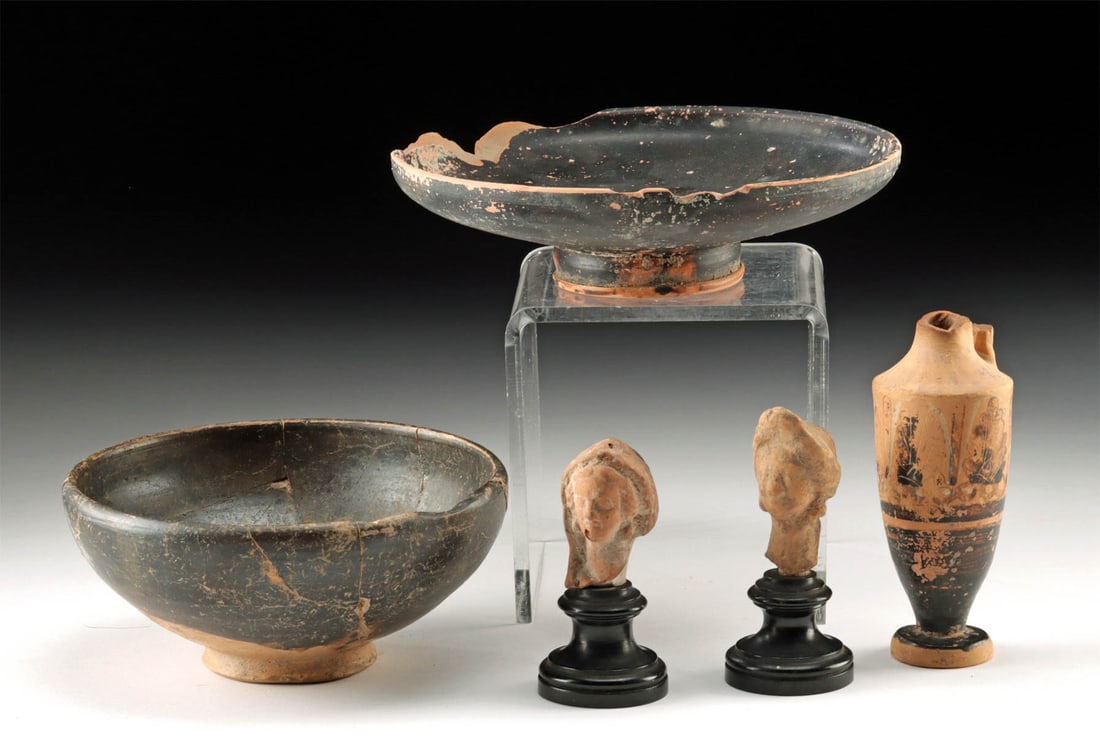 Classical Greek Items - 2 Votive Heads + 2 Vessels (1 of 2)