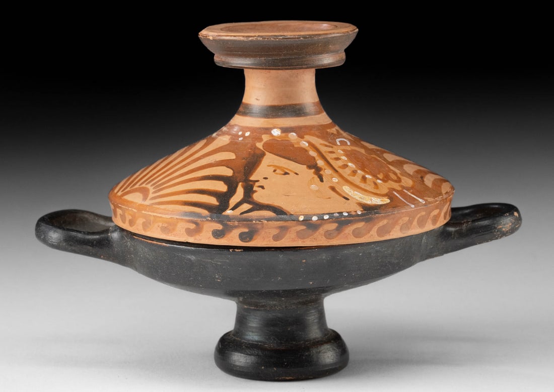 Greek Apulian Pottery Lidded Lekanis w/ Lady of Fashion (1 of 4)